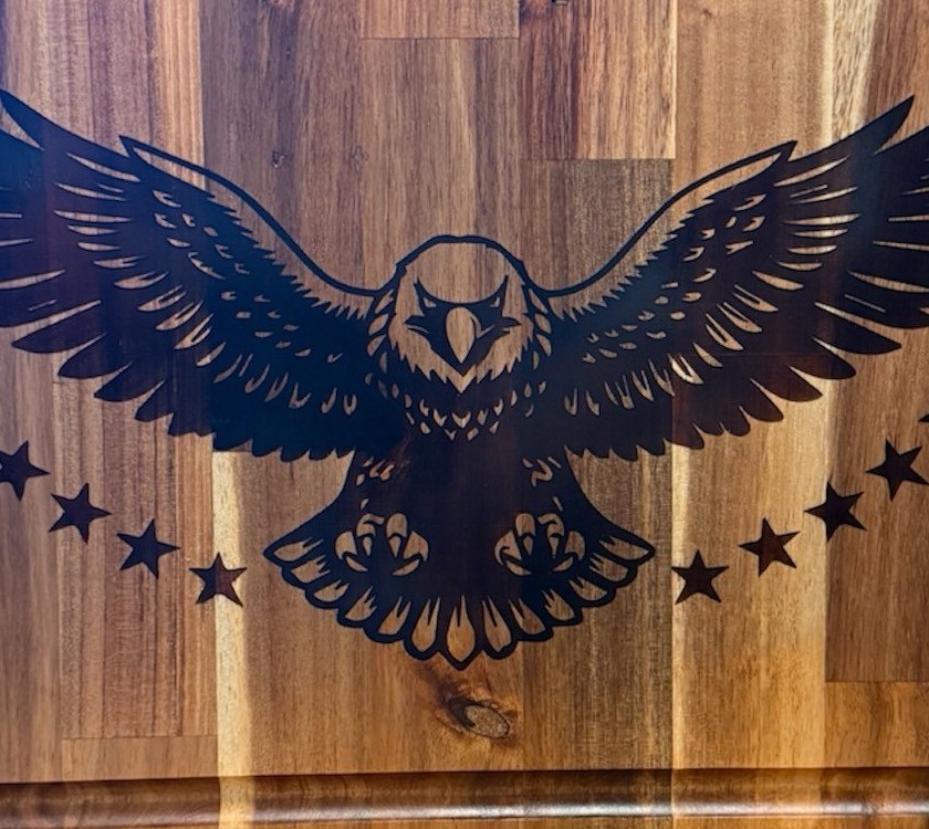 Close-up of a flush epoxy eagle inlay
